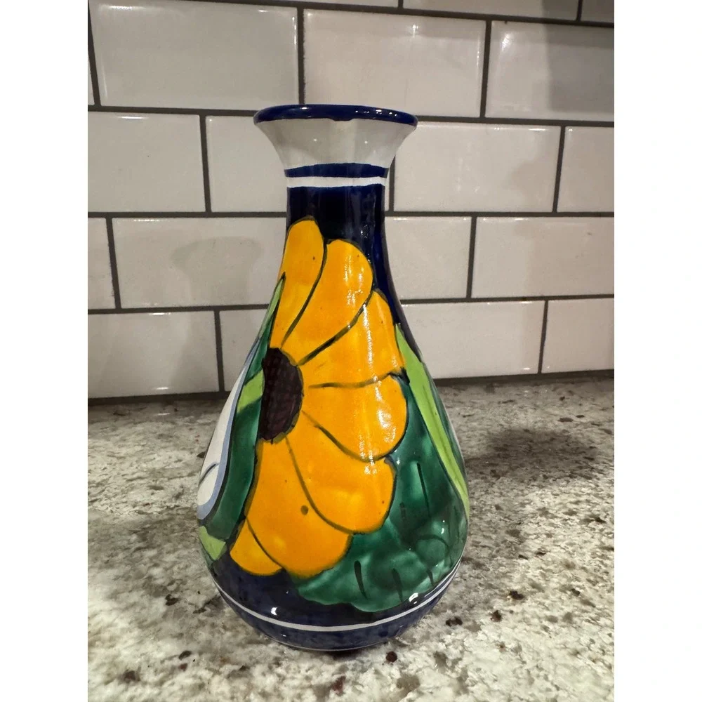 Mexican Talavera Hand Painted Sunflower Calla Lily Pottery Vase 9.5 Inch